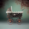 Generative AI: vitange baby carriage in a old background for children`s photo session