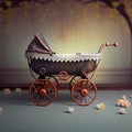 Generative AI: vitange baby carriage in a old background for children`s photo session