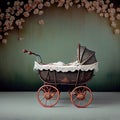 Generative AI: vitange baby carriage in a old background for children`s photo session