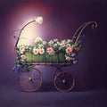 Generative AI: vitange baby carriage in a old background for children`s photo session