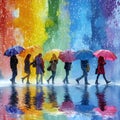 Generative AI.Vivid Rainbow-Colored Paint Drops Creating a Backdrop for People Walking With Umbrellas Royalty Free Stock Photo