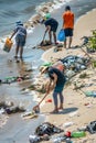 Generative AI. Volunteers Cleaning Littered Beach Shoreline During a Coastal Cleanup Event. Earth Day Concept