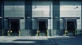 Generative AI Warehouse exterior with loading ramps and slots for trucks to park - modern industry warehouse stora