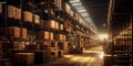 Generative AI, Warehouse interior with LED lighting, industry building, distribution retail center Royalty Free Stock Photo