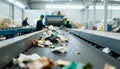 Generative AI Waste Sorting on Conveyor Belt in Modern Recycling Facility with Workers Overseeing the Process busi Royalty Free Stock Photo