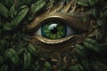 Generative AI. The watchful eye of the natural world, green eye, surrounded by leaves, ecology background