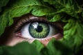 Generative AI. The watchful eye of the natural world, green eye, surrounded by leaves, ecology background