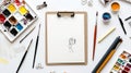 Generative AI Watercolor clipboard and other artistic accessories on a white background Artists desk workplace Top Royalty Free Stock Photo