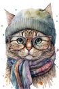 Generative AI watercolor drawing of a cat wearing glasses, hat and scarf