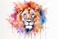 Generative AI. Watercolor drawing of a colorful lion, portrait of greatness, strength, kingdom Royalty Free Stock Photo