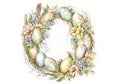 Generative AI. Watercolor Easter wreath. Frame with Easter eggs and flowers