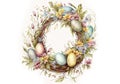 Generative AI. Watercolor Easter wreath. Frame with Easter eggs and flowers