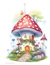 Generative AI,Watercolor Fantasy Mushrooms Clipart - pastel watercolor fairy toadstool house Royalty Free Stock Photo