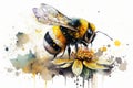 Generative AI. Watercolor illustration of beautiful bee on a summer flower