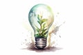 Generative AI watercolor illustration of a green energy and bright future represented with a light bulb in soil with sprout inside Royalty Free Stock Photo