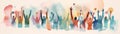 Generative ai watercolor illustration of a group of diverse people with the arms and hands raised towards hand painted hearts Royalty Free Stock Photo