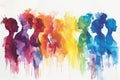 Generative Ai watercolor illustration of a multicolored silhouettes of a group of different people on a white background