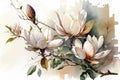 Generative AI. Watercolor illustration with white Magnolias. Botanical flowers elements for your design