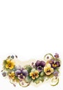 Generative AI. Watercolor pansies and leaves on white background - vertical botanical design banner. Floral pastel watercolor,