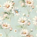 Generative AI. Watercolor pattern, daisoes on bright mint background. Floral nature print on white background for spring, summer