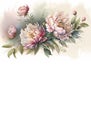 Generative AI. Watercolor peonies and leaves on white background - vertical botanical design banner. Floral pastel watercolor,