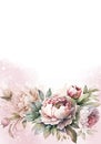 Generative AI. Watercolor peonies and leaves on white background - vertical botanical design banner. Floral pastel watercolor, Royalty Free Stock Photo