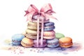 Generative AI. Watercolor set macaroons decorated isolated on white background