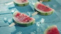 Generative AI Watermelon slice popsicles on a blue rustic wood background business concept. Royalty Free Stock Photo