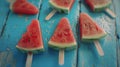 Generative AI Watermelon slice popsicles on a blue rustic wood background business concept. Royalty Free Stock Photo