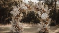 Generative AI, Wedding ceremony boho rustic style arch with flowers and plants