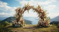 Generative AI, Wedding ceremony boho rustic style arch with flowers and plants