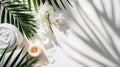 Generative AI wellness and spa composition with towels, candle, tropical leaves and orchid flowers on white backgr Royalty Free Stock Photo