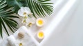 Generative AI wellness and spa composition with towels, candle, tropical leaves and orchid flowers on white backgr Royalty Free Stock Photo