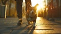 Generative AI Welsh corgi pembroke dog walking nicely on a leash with an owner during a walk in the city business