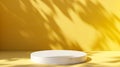 Generative AI White empty platform podium on yellow background and tree shadows business concept. Royalty Free Stock Photo