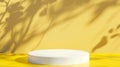 Generative AI White empty platform podium on yellow background and tree shadows business concept. Royalty Free Stock Photo