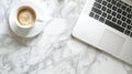 Generative AI White marble office desk table with laptop computer cup of coffee and supplies Top view with copy sp Royalty Free Stock Photo