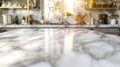 Generative AI White marble texture  table top on blurred kitchen background business concept. Royalty Free Stock Photo