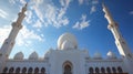 Generative AI White Mosque with Blue Sky and Cloudy Background business concept. Royalty Free Stock Photo