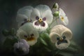 Generative AI. White pansy flowers background. Springtime concept