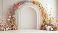 Generative AI of white room with arch and flowers in the wall