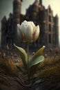 Generative AI. White tulip in the springtime, ruins in the background