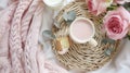 Generative AI Wicker tray cup of coffee with milk piece of cake rose flowers eucalyptus branch candles pink knitte Royalty Free Stock Photo