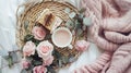 Generative AI Wicker tray cup of coffee with milk piece of cake rose flowers eucalyptus branch candles pink knitte Royalty Free Stock Photo