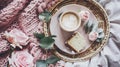 Generative AI Wicker tray cup of coffee with milk piece of cake rose flowers eucalyptus branch candles pink knitte Royalty Free Stock Photo