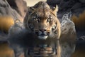 Generative AI. Wild adult bengal female tiger or panthera tigris tigris iwalking through the water