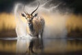 Generative AI. Wild adult male blackbuck or antilope cervicapra or indian antelope walks through the water