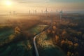 Generative AI, wind turbines in a field, green farm landscape. Environmentally eco-friendly power generation. Royalty Free Stock Photo