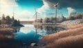 generative ai Windpark Hyper Ecology building turbine landscape garden and river forest