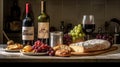 Generative AI, wine still life with grapes, rosemary, prosciutto, blue cheese, figs Royalty Free Stock Photo